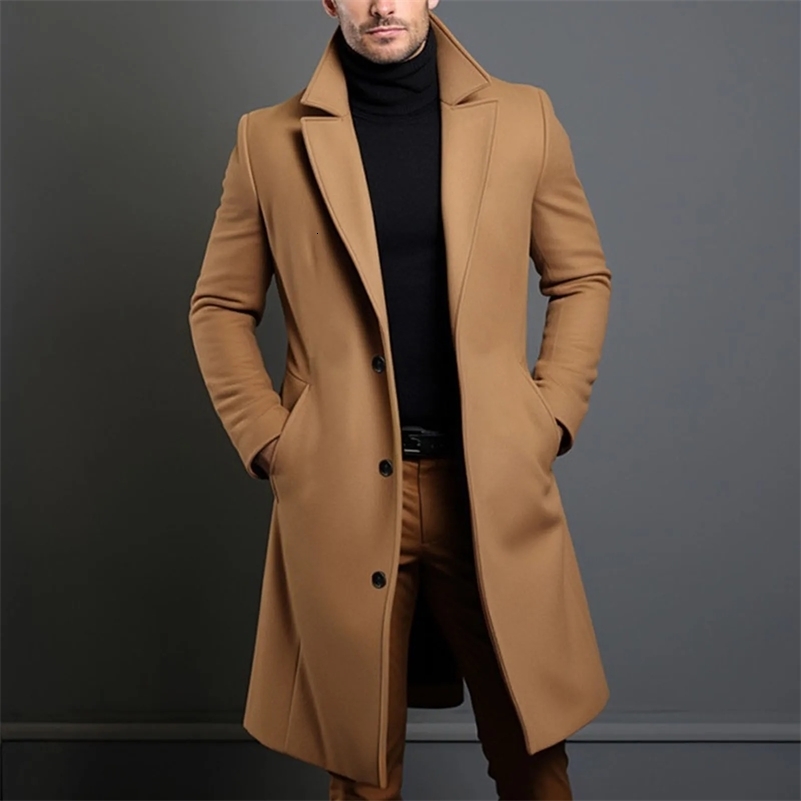 Warm And Comfortable Black Trench Coat For Men Long Sleeve Single Breasted Overcoat Perfect For Fall And Winter 250827