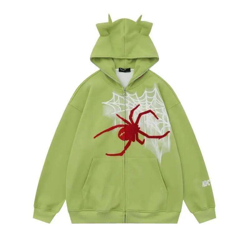 Y2k Zipper Up Haruku Hip Hop Graphics Embroidered Devil Horns Hoodie Sweatshirt Mens Womens New Gothic Jacket Coats
