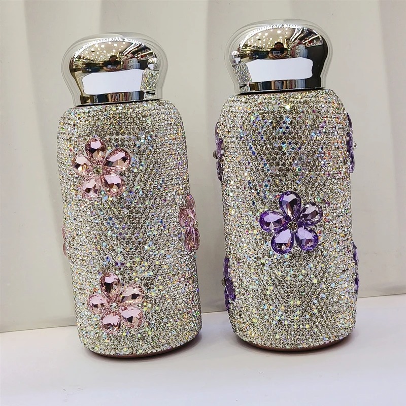 Designer Stainless Steel Portable Thermos Bottle for Women Luxury Five-petaled Flowers Rhinestone Vacuum Flask Hot and Cold Water Kettle 220ml