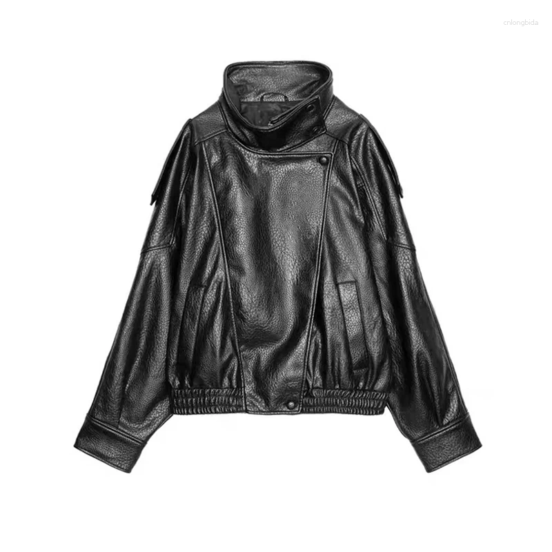 Women's Jackets Street Stand Collar Leather Jacket Loose Long Sleeve Zipper Pockets Female Coats 2025 Autumn Lady Locomotive Outerwear