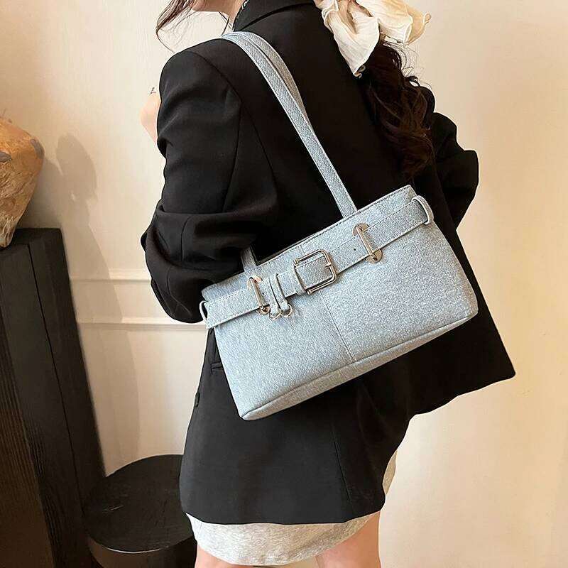 Belt Design Underarm Shoulder Bags For Women Quality Denim Fabric Pure Color Armpit Satchels 2025 Latest Designer Handbag