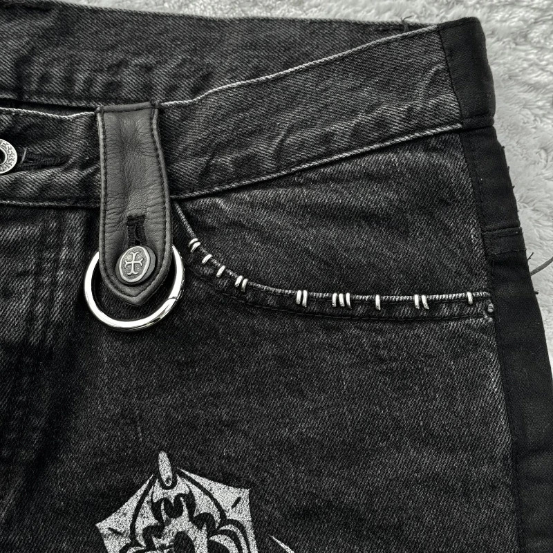 Y2K Black Washed Denim Pants Vintage Cross Leather Detail Micro Flared Jeans Punk High Street Western Cowboy Unisex Streetwear250828