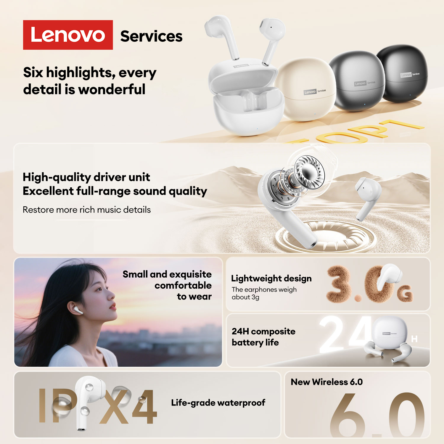 LenovoServices In-Ear Earphones Bluetooth 6.0 Type-C Low Latency Fingerprint Touch Control LE210 Earbuds Charging Gaming & Music Headphones