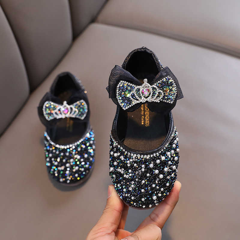 2025 New Korean-style Girls' Princess Shoes - Little Girl Princess Ribbon Baby Water Crystal Single Shoes Leather Shoes X250129