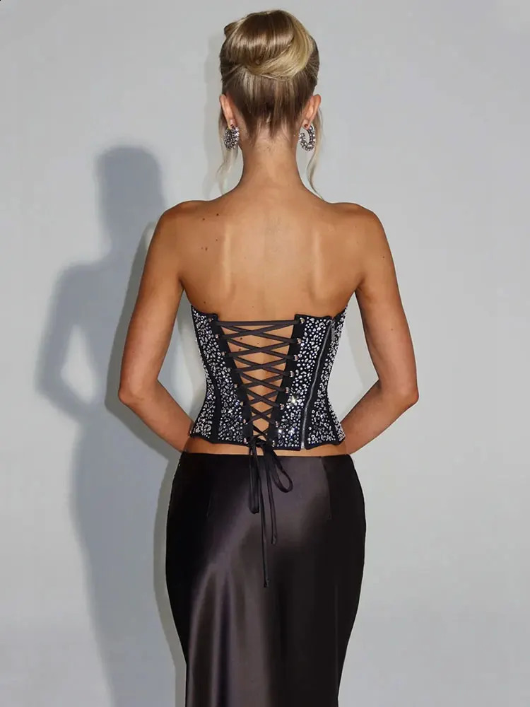 GACVGA Drilling Satin Sexy Dress Set With Scarf Women Sparkle Crop Top And Maxi Skirt Elegant Club Party Two Piece Skirt Set 250827