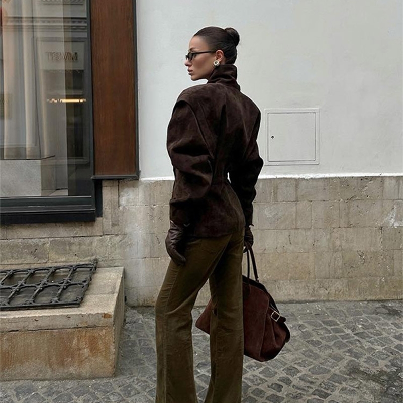 Solid Waist Cinching Blazer Women Shoulder Pads Lapel Single Breasted Long Sleeves Jackets Chic Elegant Casual Street Outerwear 250828