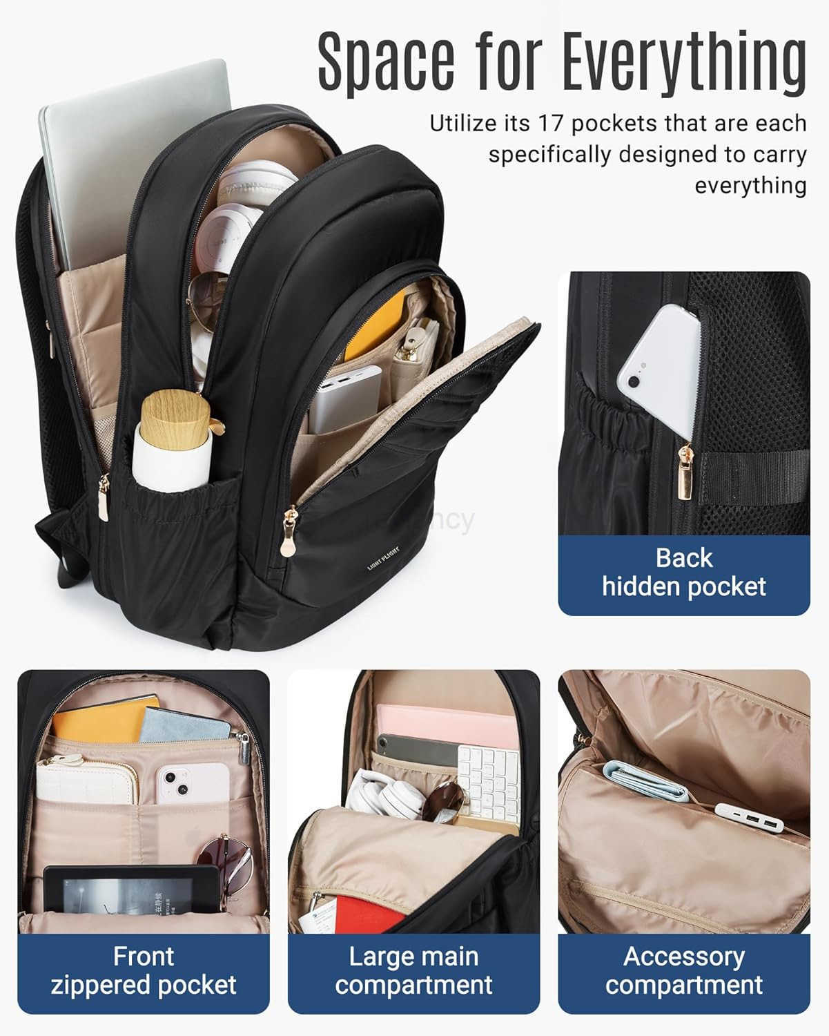 Travel Backpack for Women 156 Laptop Backpack with USB Charging Hole Water Resistant Large Capacity Black Daypack for College Work Casual Computer Bag