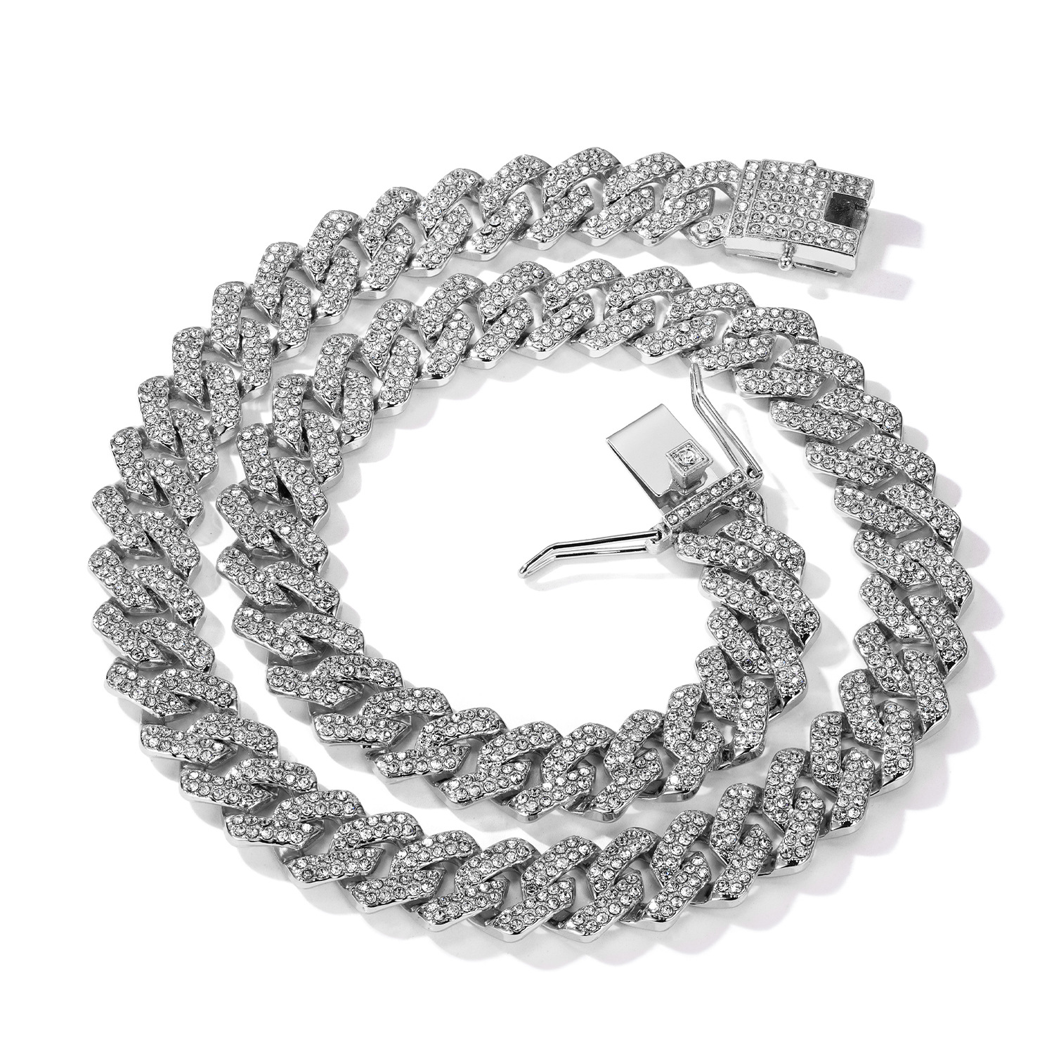 Diamond Cuban Chain, Silver Zinc Alloy, European and American Hip Hop Style Necklace, Single Row Punk Chain, Men's and Women's Design, Neck 