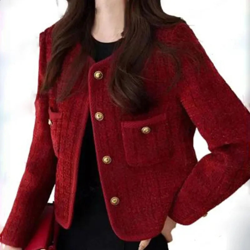 Womens Jacket 2024 Spring Autumn Red Tweed Small Fragrance Coat Short Blazers Korean Fashion Elegant Female Tops Outerwear 250827