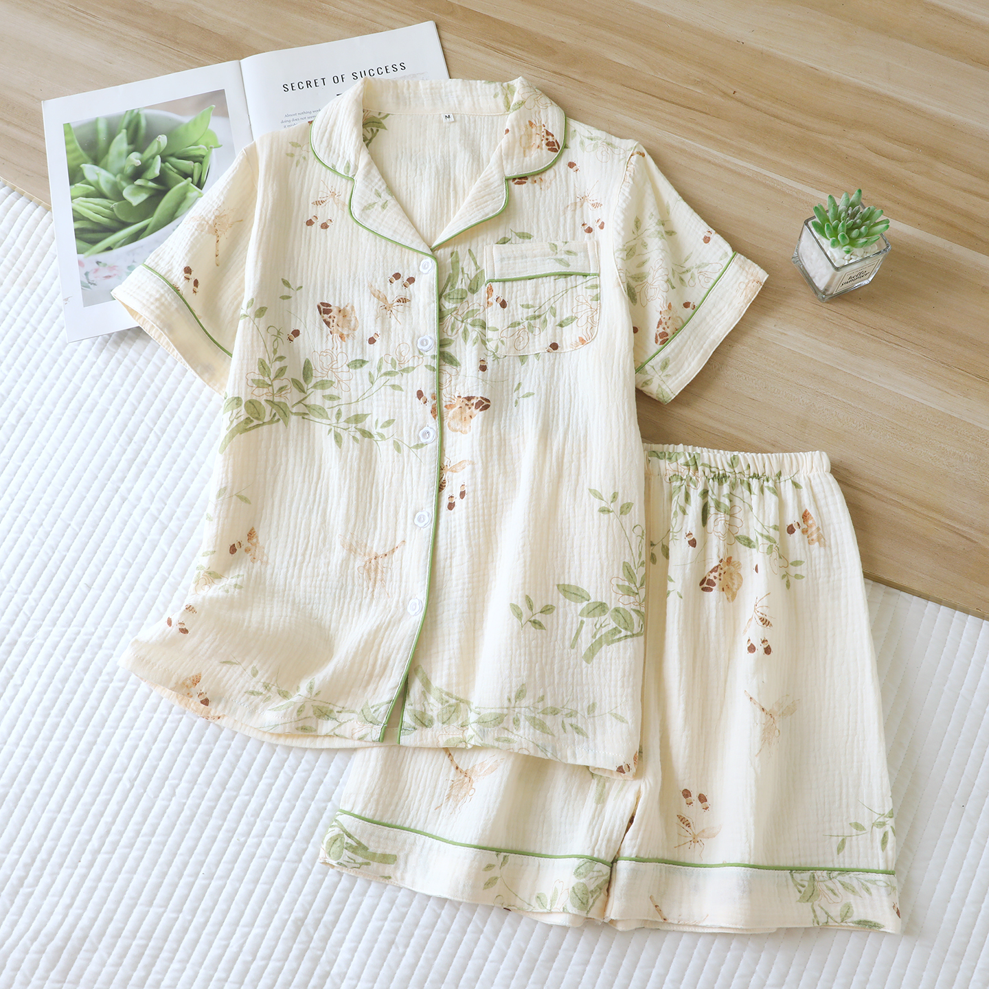 New summer gauze sleepwear set, women's short sleeved shorts, casual two-piece set, summer cotton yarn crepe fabric home wear