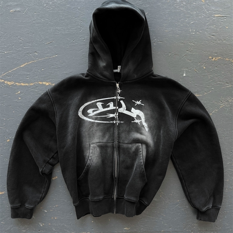 Y2k Vintage Fashion Print Zip Up Hoodies Harajuku Hip Hop Long Sleeve Coats Loose Hooded Sweatshirt Men and Women Streetwear y250827