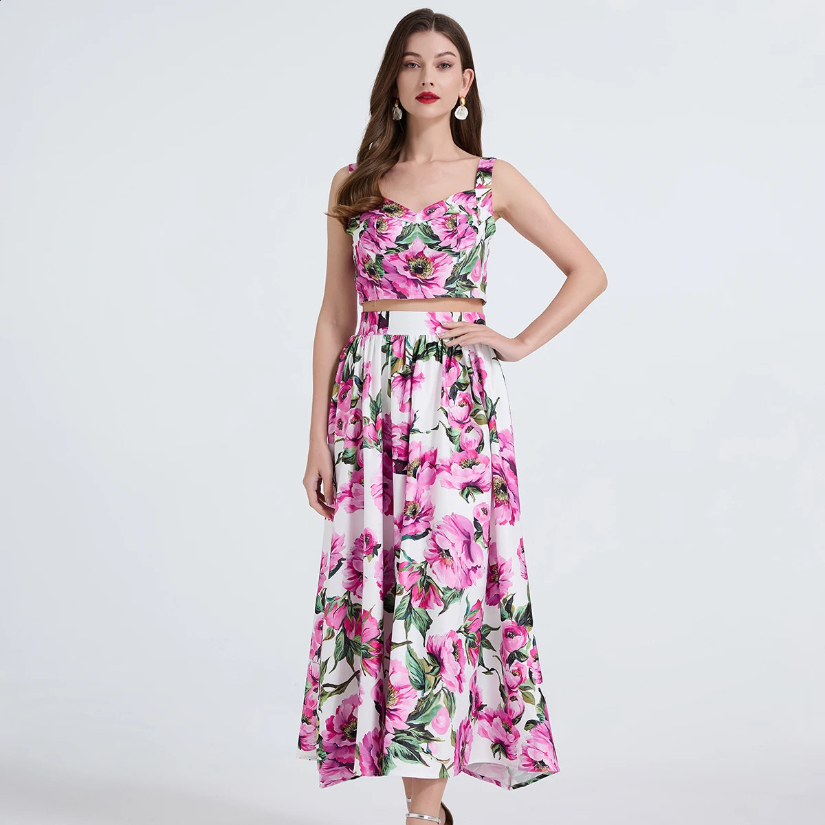 Casual Sicilian Rose 2 Piece Sets Women Summer Holiday Bohemian Beach Floral Long Dresses Crop Tops Maxi Skirts Suits Outfits 250827