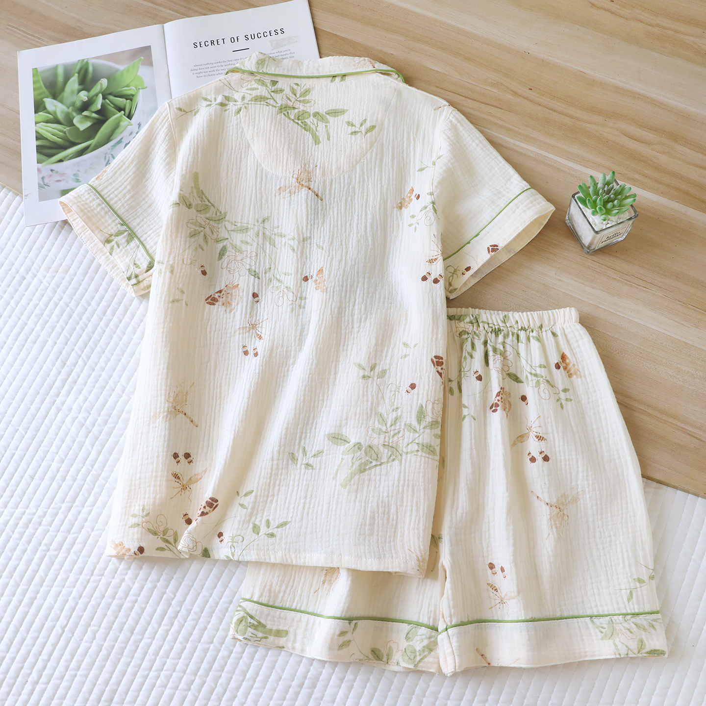 New summer gauze sleepwear set, women's short sleeved shorts, casual two-piece set, summer cotton yarn crepe fabric home wear