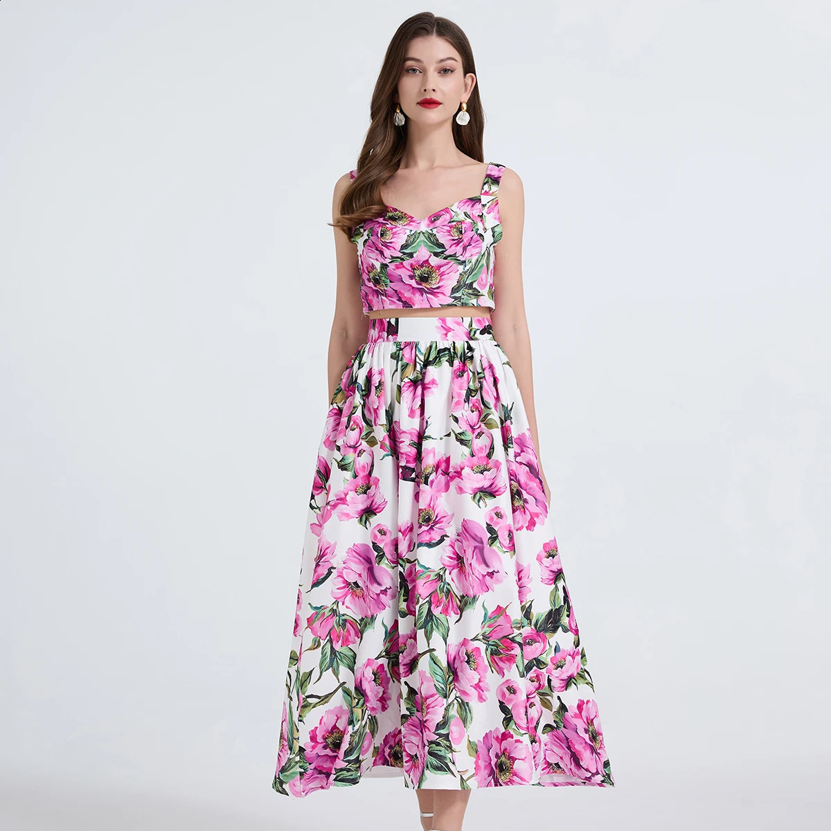 Casual Sicilian Rose 2 Piece Sets Women Summer Holiday Bohemian Beach Floral Long Dresses Crop Tops Maxi Skirts Suits Outfits 250827