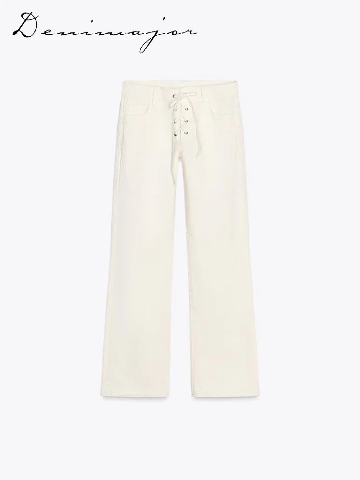 Drawstring Lace Up Jeans Women Loose White Pockets Low Waist Straight Long Pants 2025 Casual Fashion Lady Streetwears Z260313