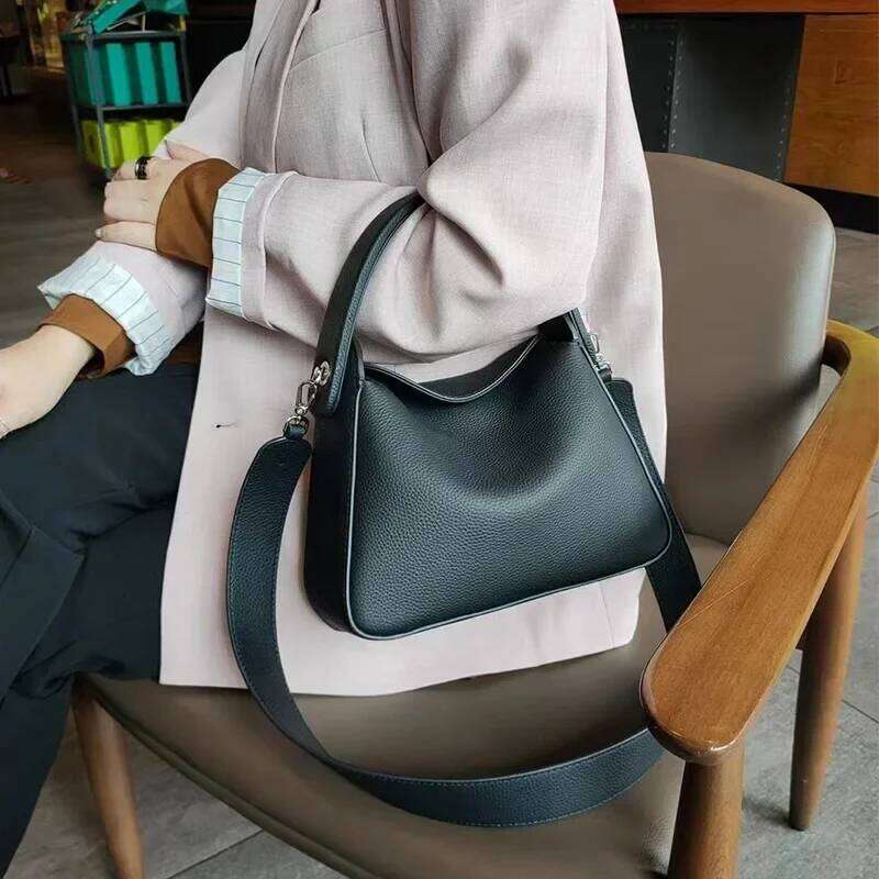 Elegant 100% Natural Togo Cowhide Leather Tote Wide Straps Female Shoulder Grey Black Doctor Bag Girl Handbag