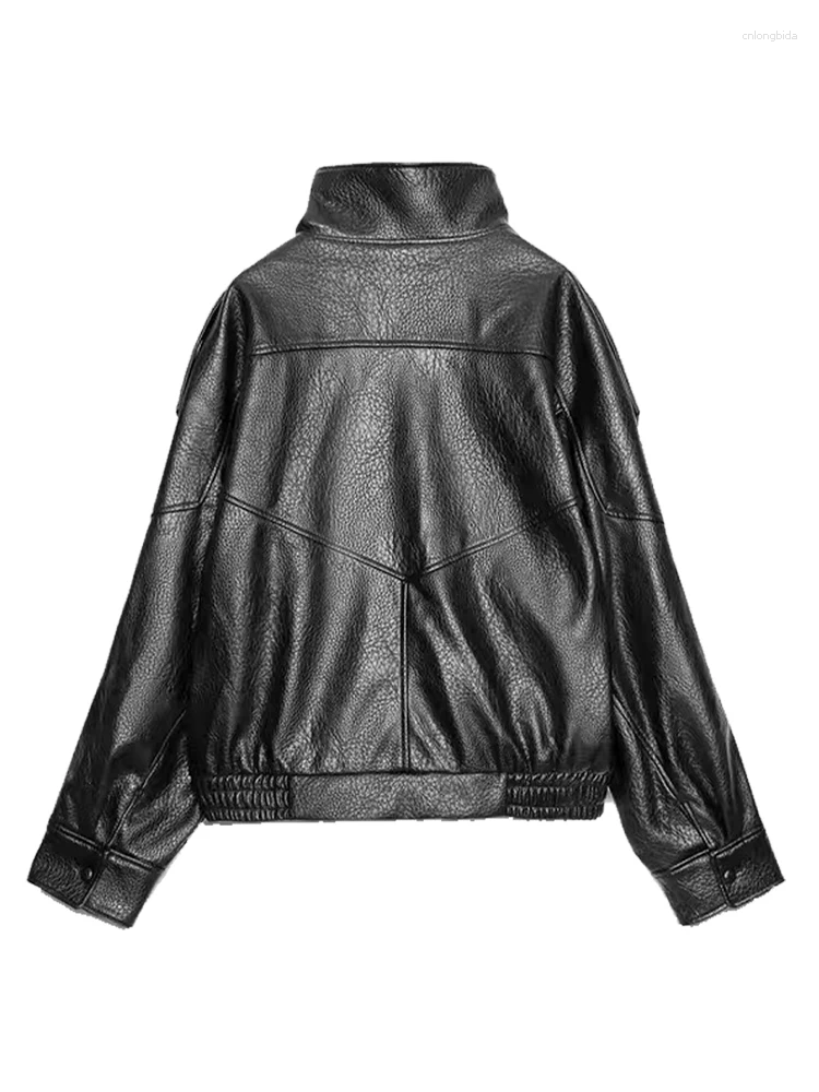 Women's Jackets Street Stand Collar Leather Jacket Loose Long Sleeve Zipper Pockets Female Coats 2025 Autumn Lady Locomotive Outerwear
