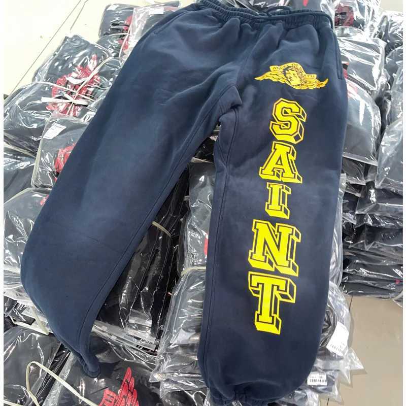 Hip Hop Cracked Graphics Print Saint Sweatpants Men Women Jogger Drawstring Casual Pants Vintage Washed Navy Blue Trousers X250828