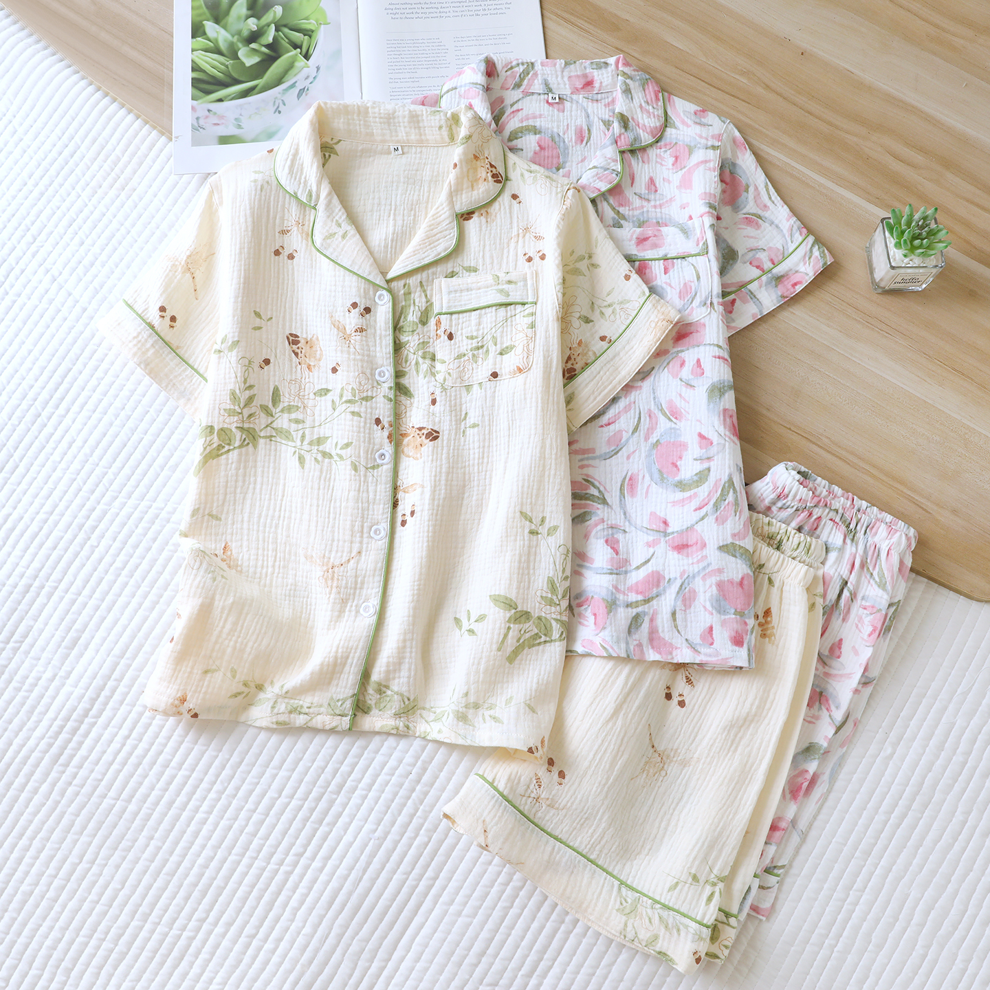 New summer gauze sleepwear set, women's short sleeved shorts, casual two-piece set, summer cotton yarn crepe fabric home wear