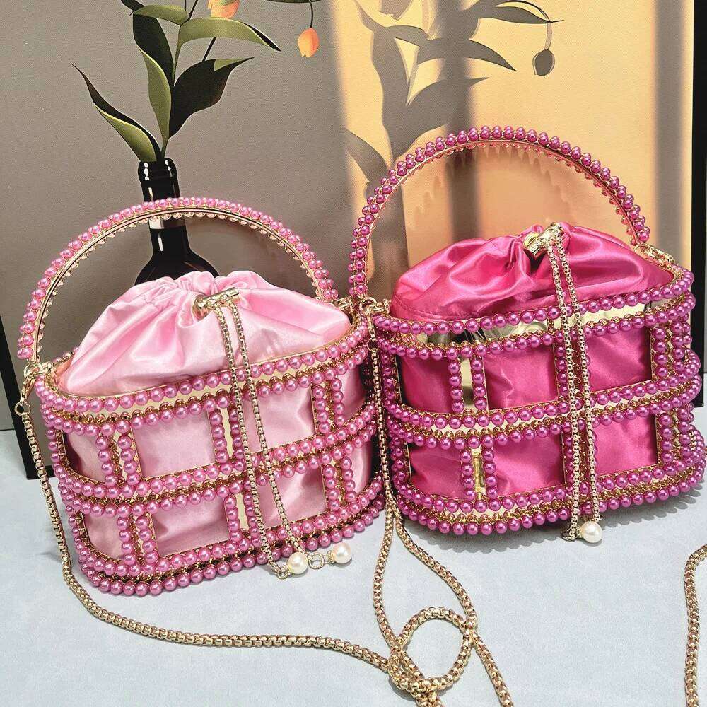 Hollow Out Dia Bucket Evening Clutch Bags Women Top Handle Pearl Beaded Metallic Cage Handbags Ladies Wedding Purse