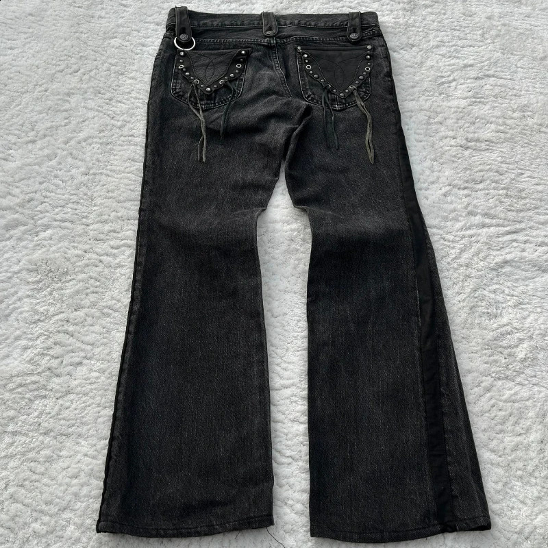 Y2K Black Washed Denim Pants Vintage Cross Leather Detail Micro Flared Jeans Punk High Street Western Cowboy Unisex Streetwear250828