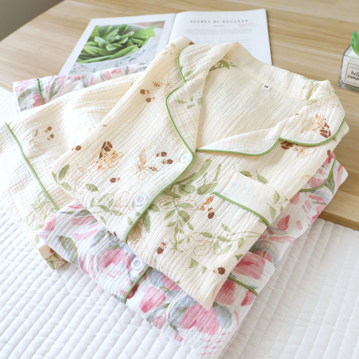 New summer gauze sleepwear set, women's short sleeved shorts, casual two-piece set, summer cotton yarn crepe fabric home wear