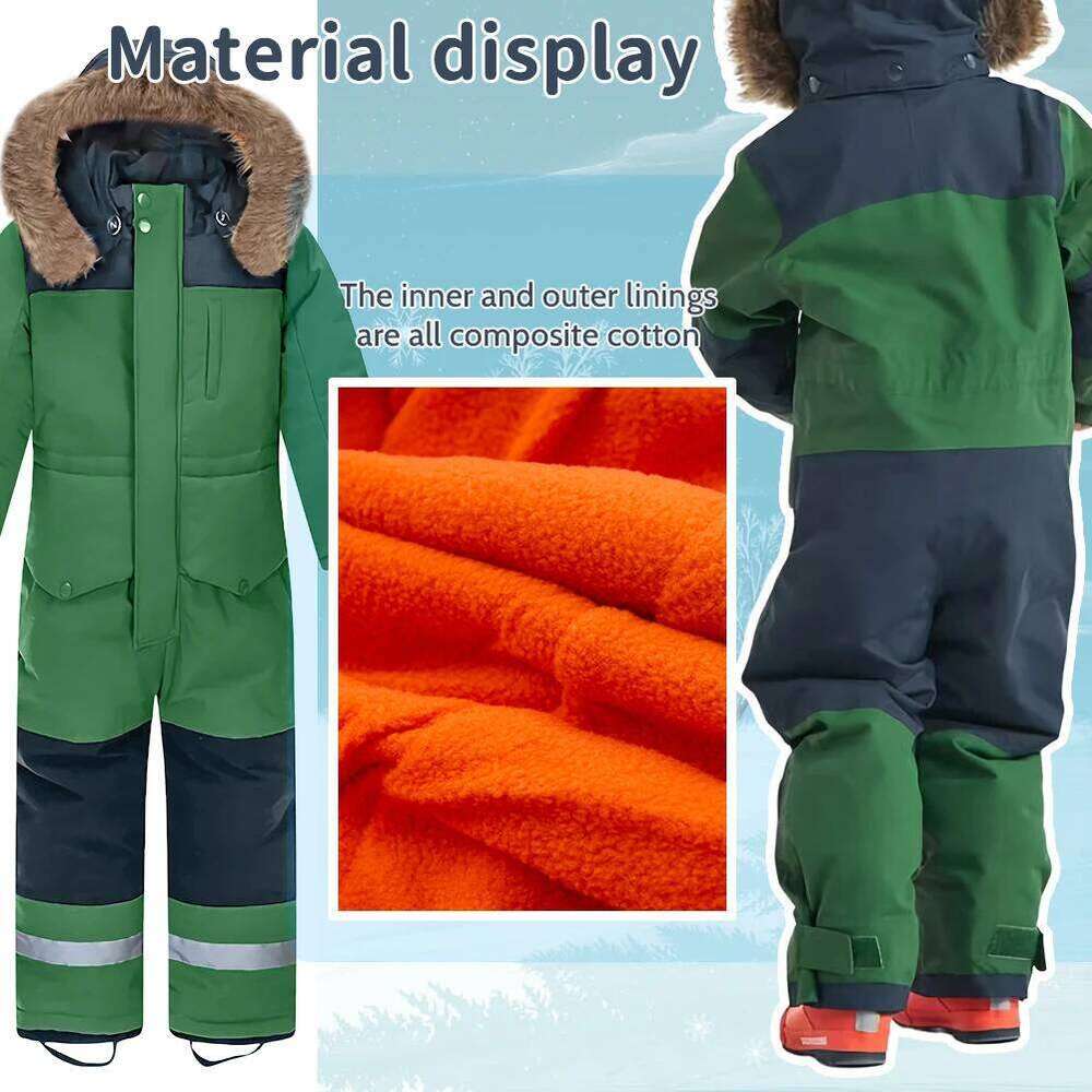 Baby Girls Boys One-Piece Ski Suits Children's Snowboarding Fur Hooded Thick Windproof Warm Skiing Sports Clothes For Winter