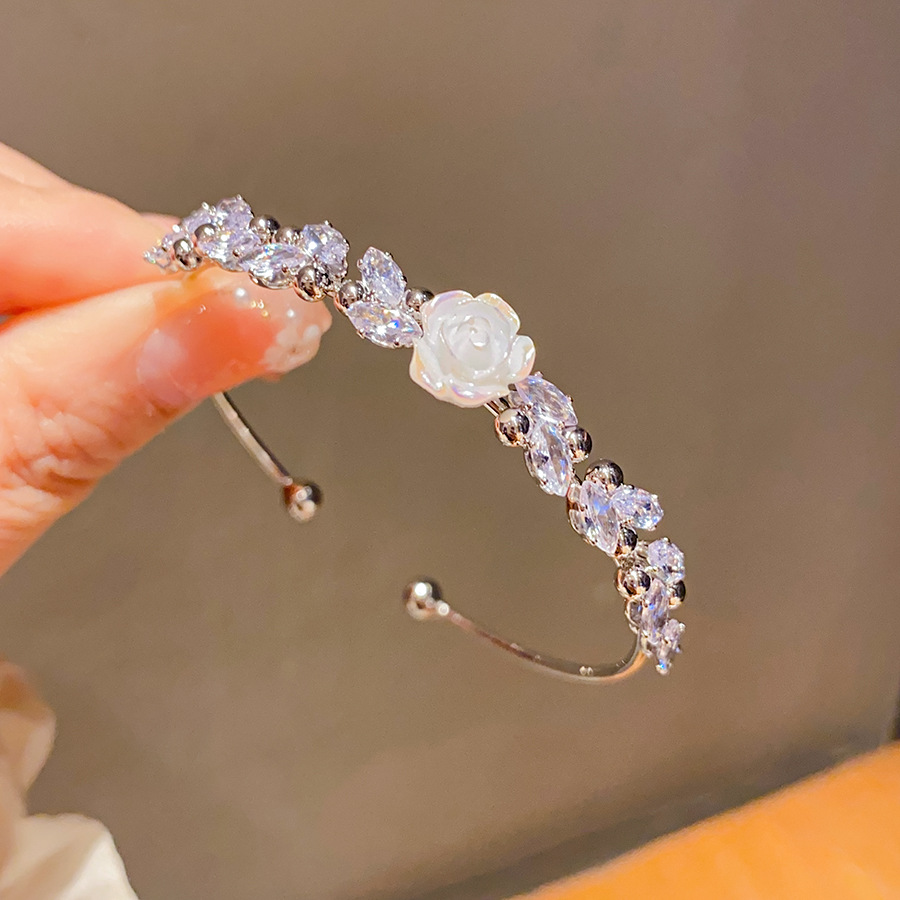 Gold - Toned Floral Cuff Bracelet, CZ - Sparkled Leaves, White Resin Rose, Romantic - Dainty Vibe for Daily or Elegant Looks, Graceful Jewelry Accesso