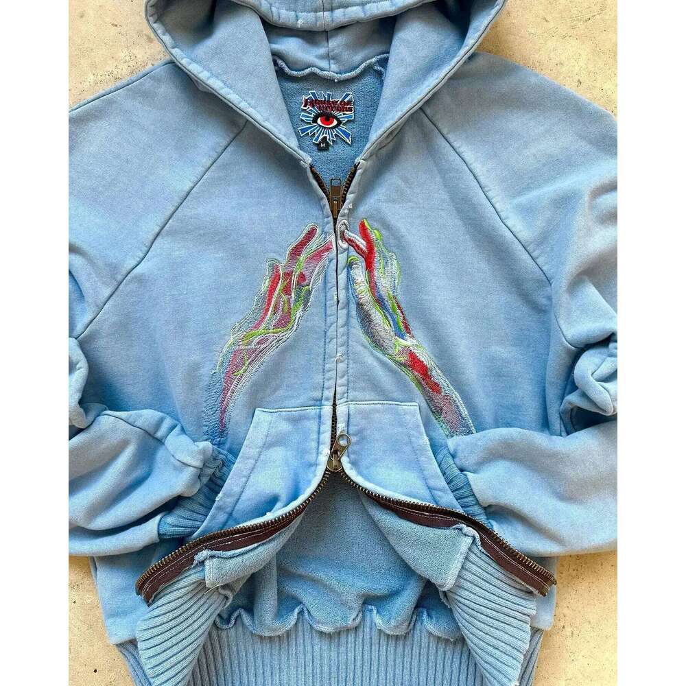 Haruku Hip Hop Goth Sweatshirt Zip Up Hoodie Y2k Plus Veet Oversized Pattern Hooded Tops Men And Women Hoodies Streetwear