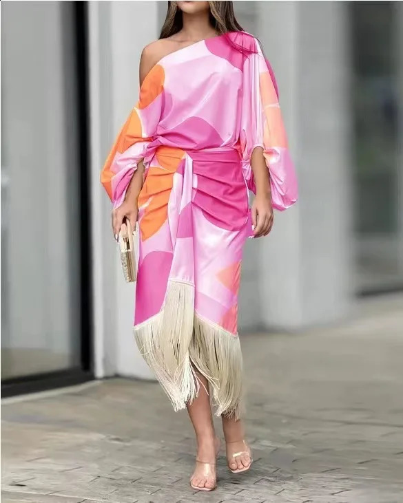 Two Piece Set Women Dress Outfit Spring Fashion Print Lantern Sleeve Diagonal Collar Top Tassel Hem High Waist Skirt Set 2 Piece 250827