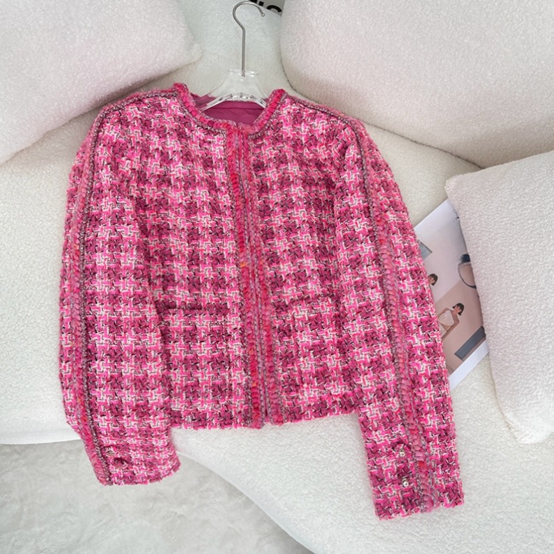 2025 Autumn Hot Pink Plaid Chains Weave Tweed Jacket Long Sleeve Round Neck Classic Jackets Coat Short Outwear A5G246561