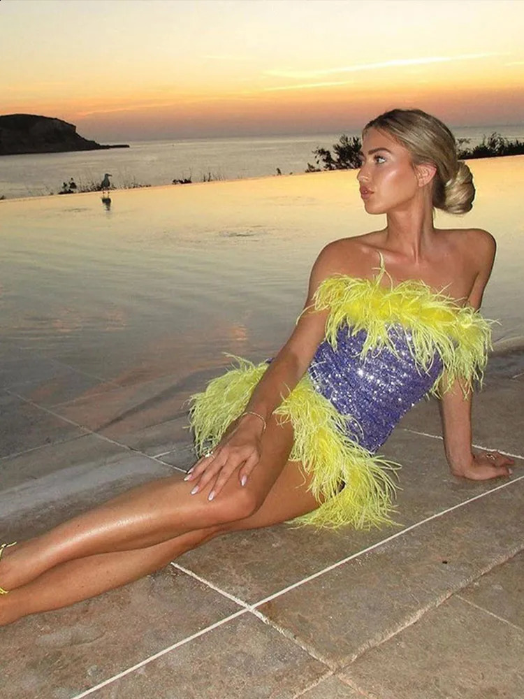 Y2k Sequins Feather Short Dress Women Sexy Sleeveless Tube Dresses Lady Elegant Beach Party Evening Robes 250828