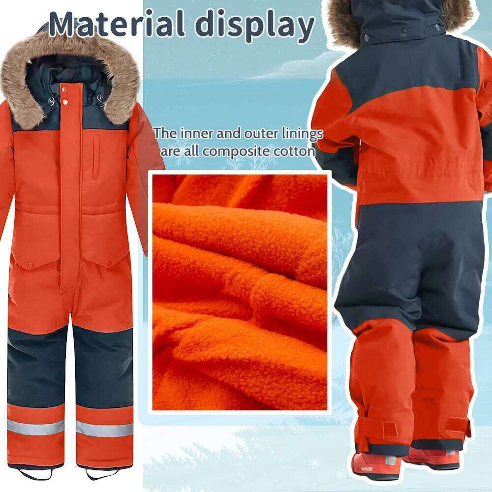Baby Girls Boys One-Piece Ski Suits Children's Snowboarding Fur Hooded Thick Windproof Warm Skiing Sports Clothes For Winter