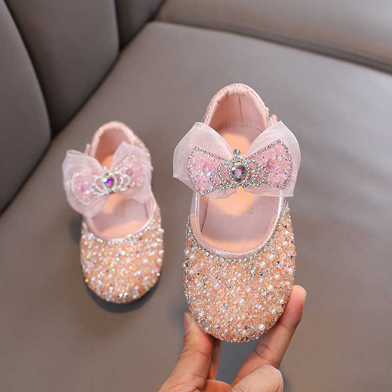 2025 New Korean-style Girls' Princess Shoes - Little Girl Princess Ribbon Baby Water Crystal Single Shoes Leather Shoes X250129