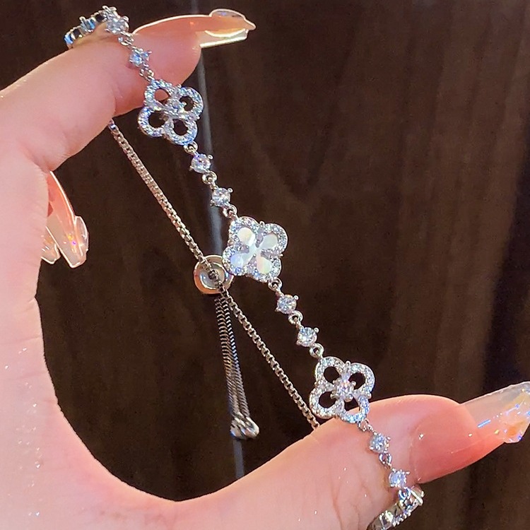 Silver - Toned Clover - Shaped Bracelet, CZ - Encrusted & Sparkling Accents, Timeless Elegance for Daily or Sophisticated Looks, Dainty Jewelry Access