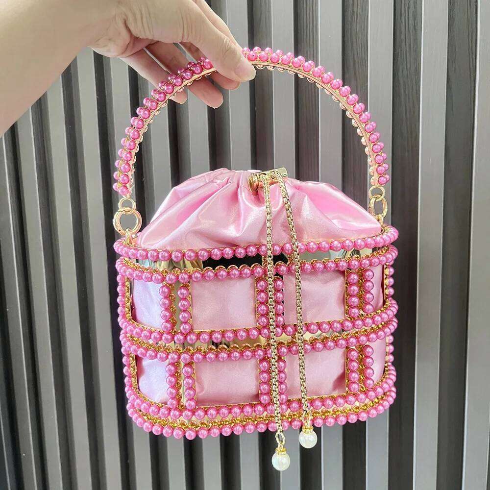 Hollow Out Dia Bucket Evening Clutch Bags Women Top Handle Pearl Beaded Metallic Cage Handbags Ladies Wedding Purse