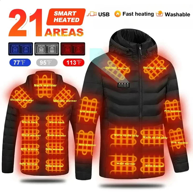Men Heated Jackets Outdoor Coat USB Electric Battery Long Sleeves Heating Hooded Jackets Warm Winter Thermal Clothing 250827