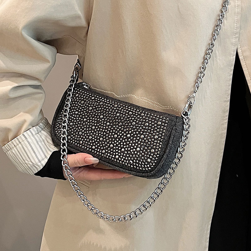Autumn New Women s Shoulder Bag Fashion New Spicy Girl Rhinestone Decoration Denim Armpit Bag Niche Design Chain Women s Crossbody Bag Autumn New Desi