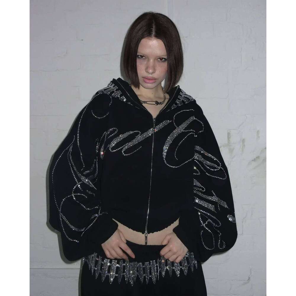 Hip Hop Letters Shine Rhinestone Oversized Zipper Sweatshirt Casual Jacket Vintage 2000S Cropped Y2k Womens Hoodie