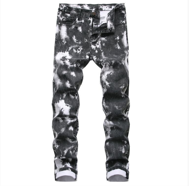 Men's Jeans Fashion Skulls Printed Men Trend Red Slim Denim Pants
