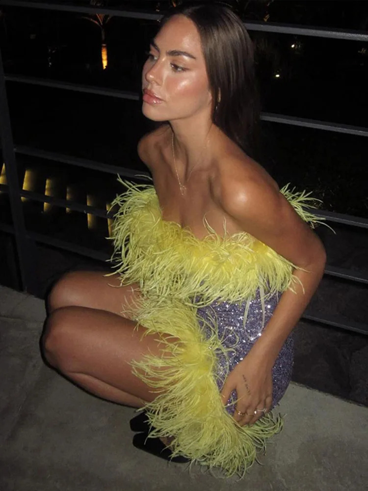 Y2k Sequins Feather Short Dress Women Sexy Sleeveless Tube Dresses Lady Elegant Beach Party Evening Robes 250828