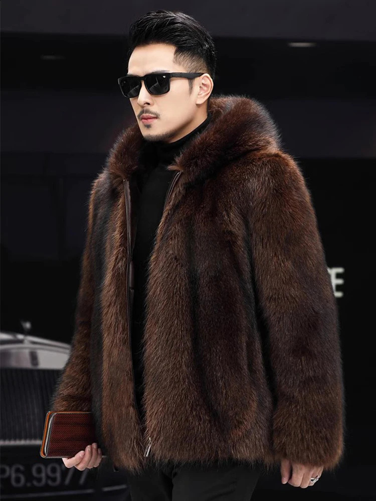 Coffee Fluffy Fur Coat 2024 Winter Warm Faux Men Zipper Hooded Thicken Jacket Furry Outerwear Large Size 250827
