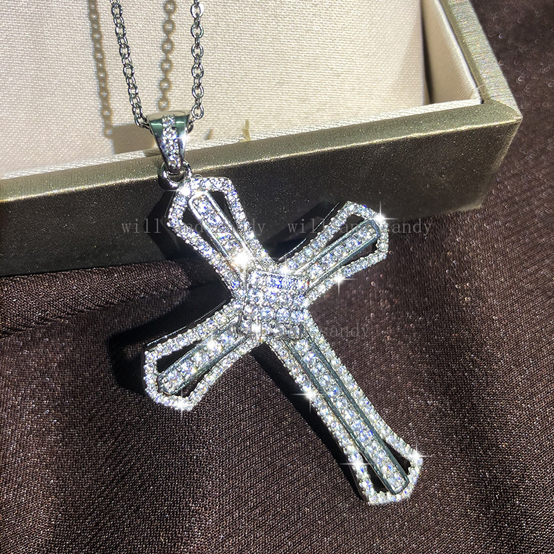 Cubic Zircon Jesus Cross Pendant Necklace Charm Designer Jewelry Chain Sterling Silver Filled Moissanite Crystal Diamond Necklaces for Woman Man Gift 