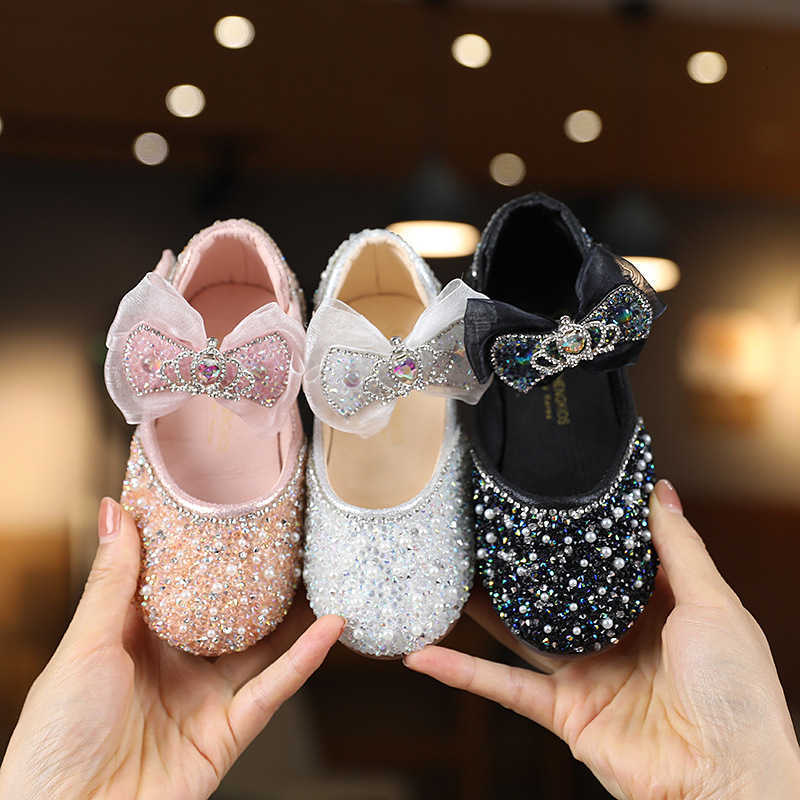 2025 New Korean-style Girls' Princess Shoes - Little Girl Princess Ribbon Baby Water Crystal Single Shoes Leather Shoes X250129