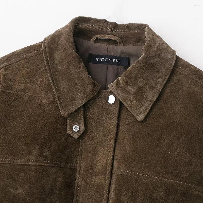 Women's Jackets Autumn Winter Motorcycle Style Jacket Outwear Suede Leather Coat Vintage Brown Maillard Pocket Lapel Casual Loose Bomber