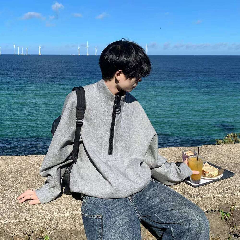 2025 Unisex Korean Style Deconstructed Design Gray Half-Zip Long Sleeve Pullover Sweatshirt Hooded Collar for Autumn Printed
