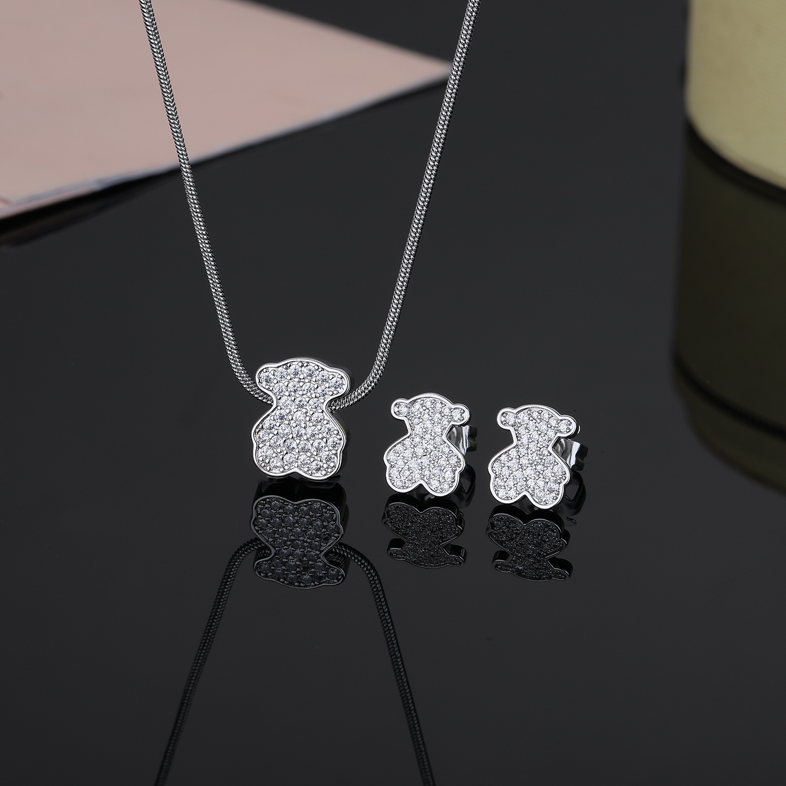 New Fashion Women Men Silver Gold Stainless Steel Copper Round Bear White Zircon Cartoon Animal Pendant Necklace Earrings Sets Jewelry