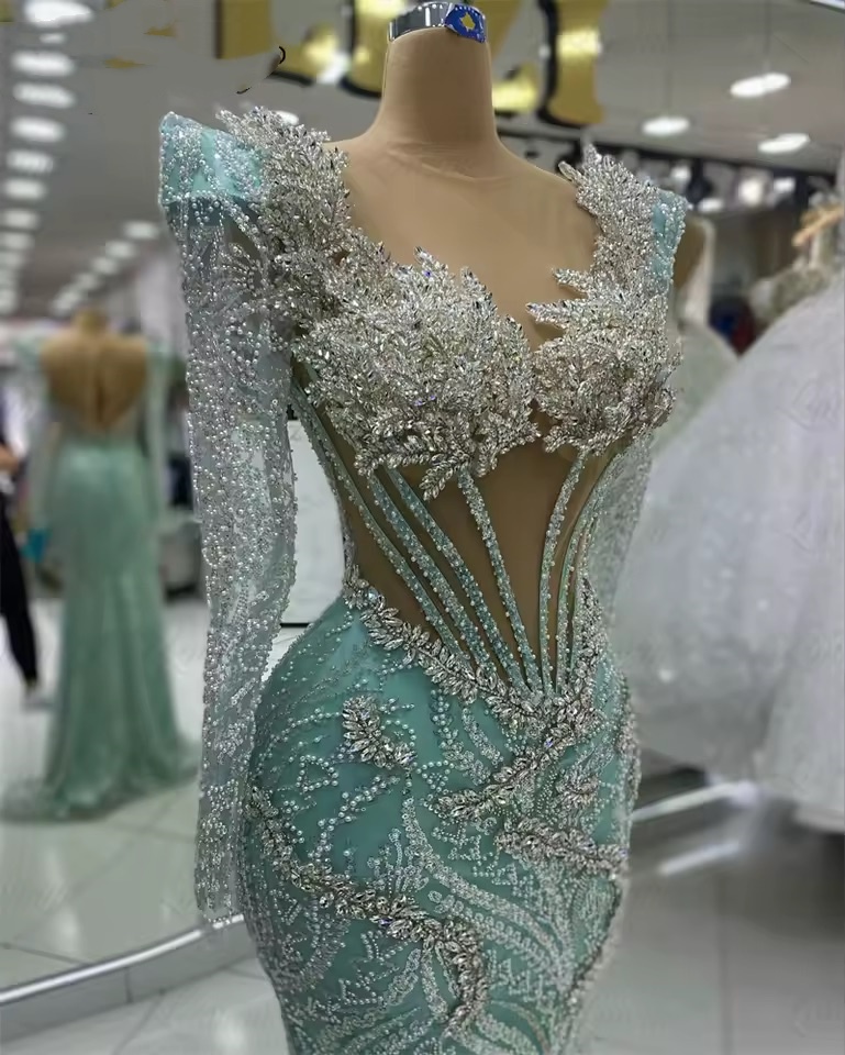 Sage Mermaid Prom Dresses 2025 Crystals Sheer Neck Sequined Sparkly Evening Formal Party Second Birthday Engagement Gowns Plus Size Dress For Special 