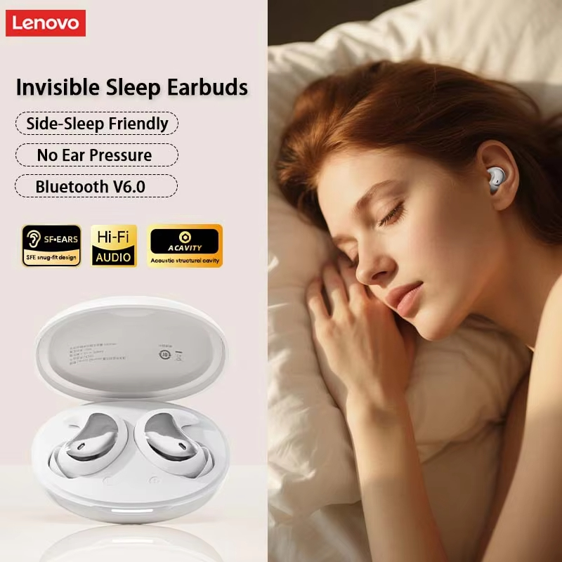 LenovoServices Sleep Invisible Wireless Mini Earphones Bluetooth 6.0 Stereo LE203 Headphones Long Endurance Noise Reduction with Mic