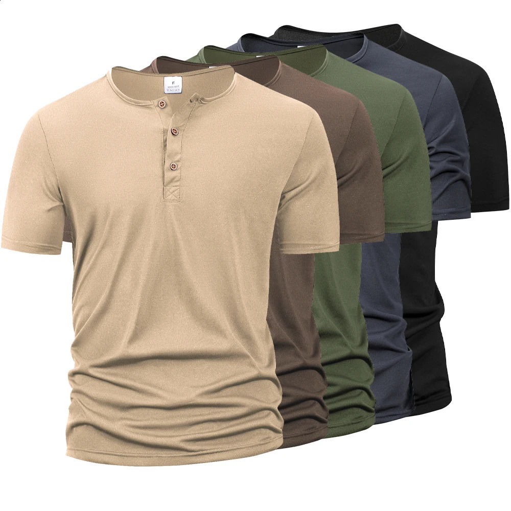 Summer Men Henley Collar Tshirts Button Slim Casual Male Solid Color Short Sleeve Men Sports Tshirt Polo shirt Tops250828